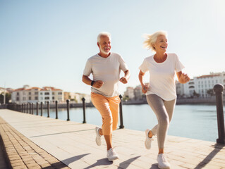 Happy elderly couple on run outside retirees wife and husband enjoy active lifestyle