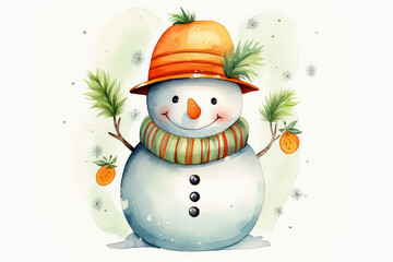 Happy snowman in the winter forest