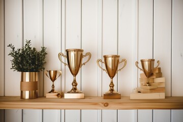 trophies on a wooden shelf with a neutral beige backdrop