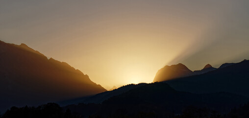 Sunset behind the peaks of the Berchtesgaden Alps, Bavaria, Europe