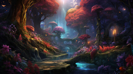 Fototapeta na wymiar fantasy forest fairy tale background. tree with colorful lighting. dreamy woods landscape scene 