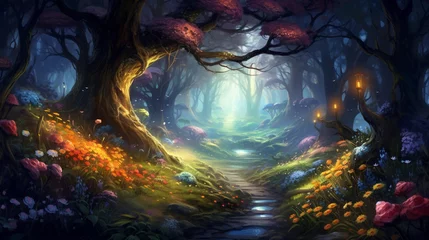 Store enrouleur occultant Forêt des fées fantasy forest fairy tale background. tree with colorful lighting. dreamy woods landscape scene 