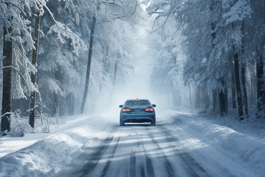 illustration of a car driving on the road in winter forest. Created with Generative AI