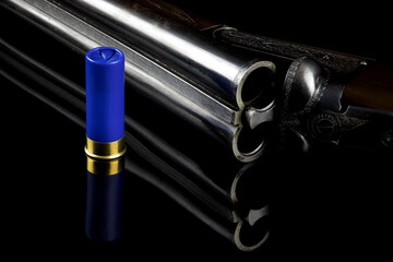 Shotgun and Cartridge on a Reflective Black Surface - 670034025
