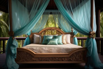 a canopy bed in a luxurious tropical resort