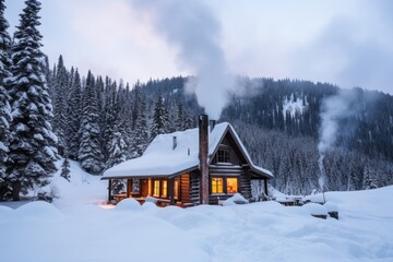 snowy mountain cabin with smoking chimney