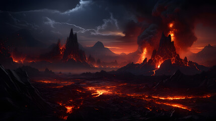 Fototapeta premium Portray the raw volcanic drama of a lava-spewing volcano, set against the dark night sky, in a highly detailed and epic landscape photograph that embodies the forces shaping our planet.