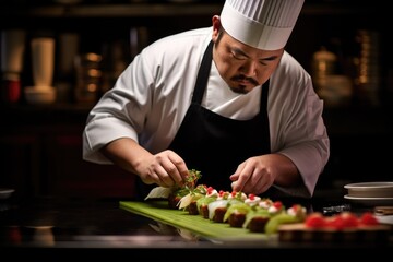 a sushi chef garnishing a sushi roll with a dollop of wasabi