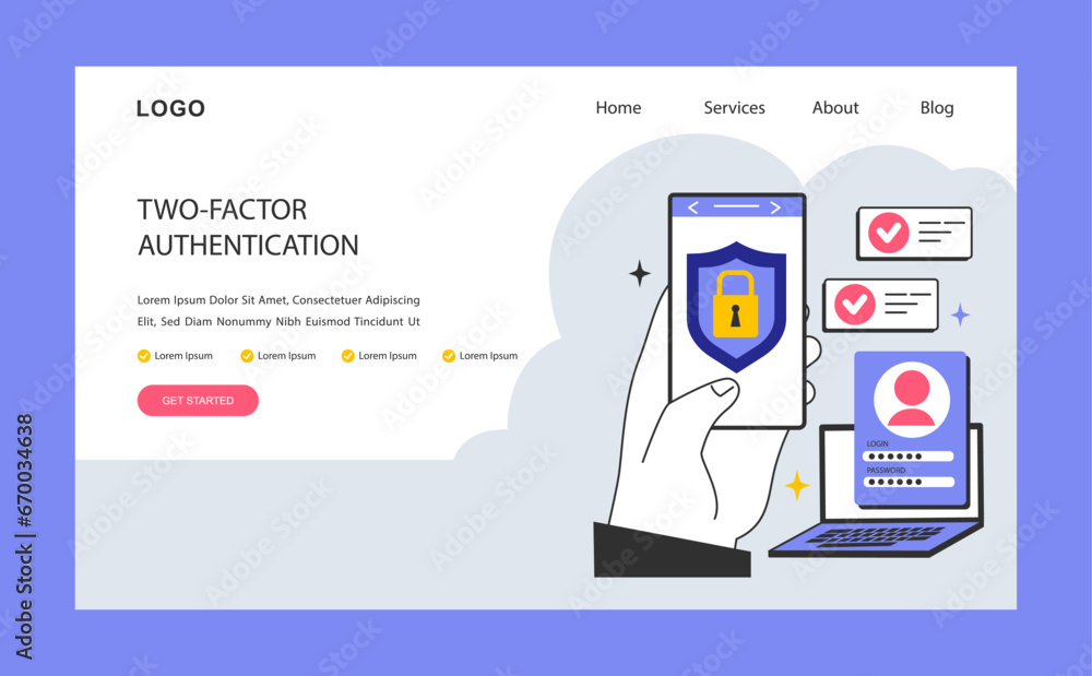 Poster two-factor authentication web banner or landing page. profile and account security. login and passwo
