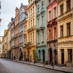 Fototapeta na wymiar Quiet European street showcasing a row of historic pastel-colored townhouses with ornate facades and arched doorways