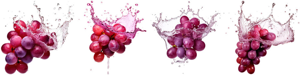 Collection of grapes with splashing water on white background