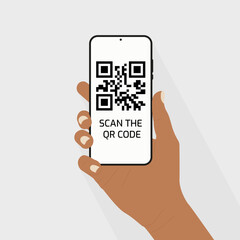Hand holding smartphone to scan QR code. Online payment, money transaction in a mobile application. Digital marketing, online purchasing