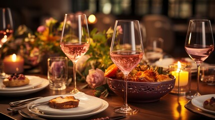 Fototapeta na wymiar Beautiful Table Setting Glasses Wine Candles, Background Image, Valentine Background Images, Hd
