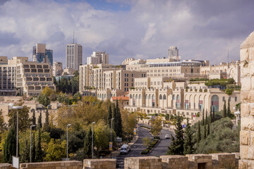 The downtown of Jerusalem, Israel, with the street road, David Citadel Hotel and shopping mall...