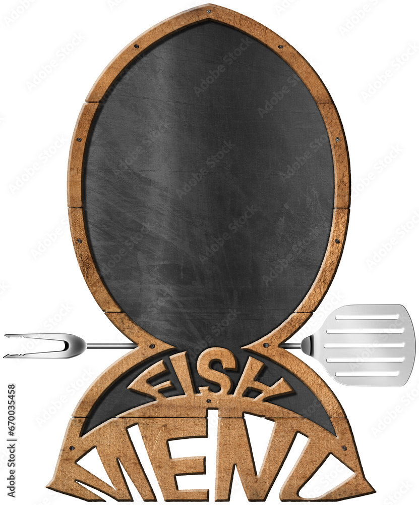 Poster template of a restaurant menu in the shape of a wooden fish with empty blackboard and text fish menu