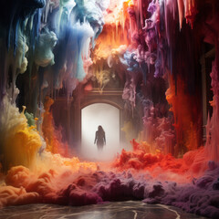 Solitary silhouette journeying through a magical doorway surrounded by cascading vibrant clouds, embodying a sense of discovery, awe, and inner search