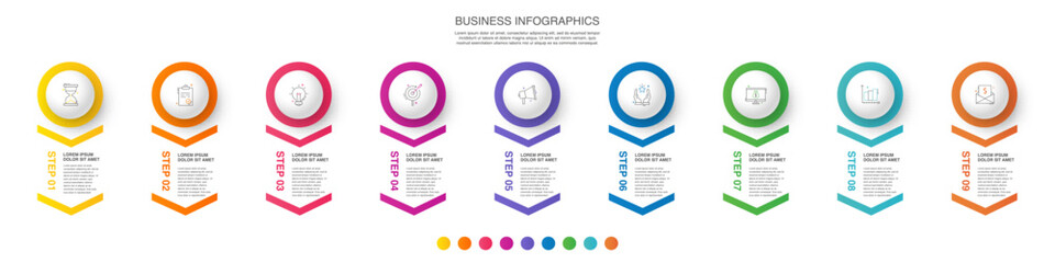 Vector business infographics template. Timeline with 9 circle, icon, arrow, steps, nine number options. Can be used for workflow layout, diagram, chart, banner, web design. Modern illustration