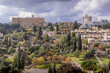 Fototapeta na wymiar The view on the King David Hotel, France Consulate, and the green park at the center of Jerusalem, Israel.