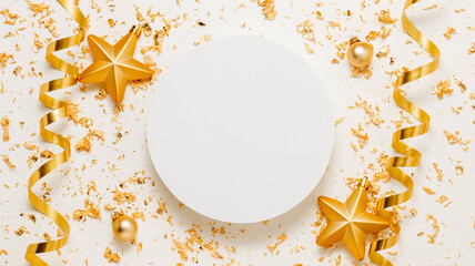 Empty luxury podium with golden shining glitter, ribbons and christmas tree toys on white background, top view. Showcase for product presentation, gift and design, banner size