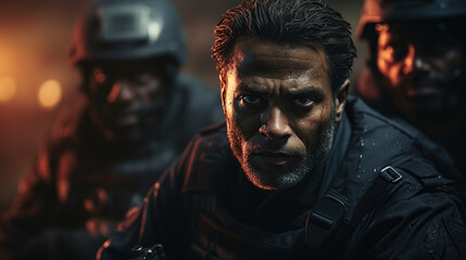 Two multiracial police officers target suspects Police use weapons to threaten suspects Criminals place their hands on their heads in compliance. Police were able to arrest him successfully