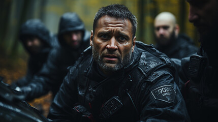 Fototapeta premium Two multiracial police officers target suspects Police use weapons to threaten suspects Criminals place their hands on their heads in compliance. Police were able to arrest him successfully