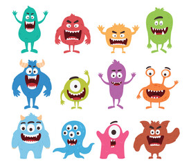 Cute monsters. Fun colored characters with faces and teeth. Children illustrations of monsters. Vector illustration