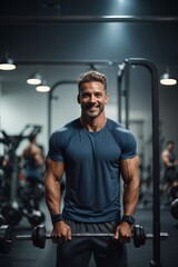 Naklejka na ściany i meble Portrait of handsome muscular man wearing a blue t-shirt standing in the background of sport gym
