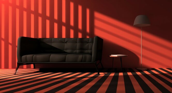 black and red living room with sofa