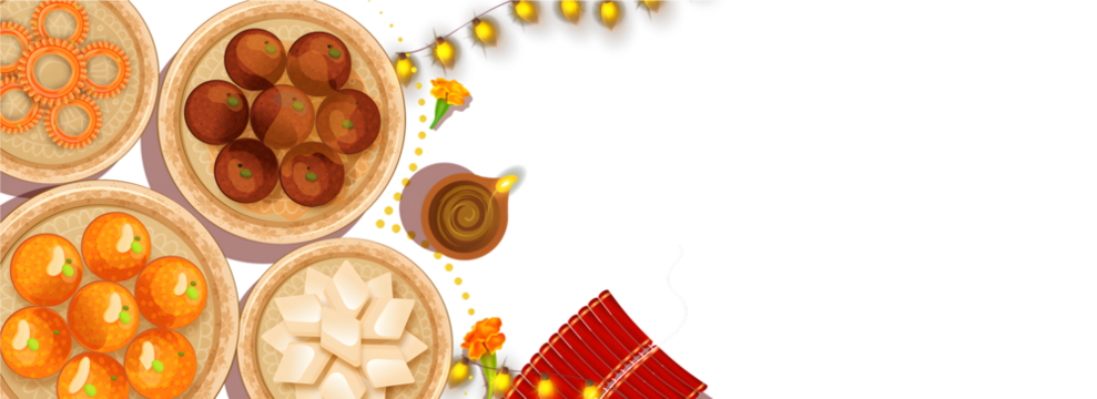 Top View Of Presenting Indian Sweets with Lit Oil Lamp (Diya), Firecracker Stripe and Lighting Garland on Background For Happy Diwali Celebration.