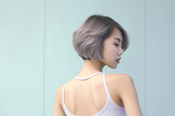 The rear view of a young Asian woman with extremely short hair, accentuating the silver tones in her hair against a pastel green and white background. Generative AI.