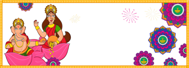 Illustration Of Lord Ganesha with Goddess Lakshmi Statue and Floral Decorated Background For Happy Diwali Celebration Concept.