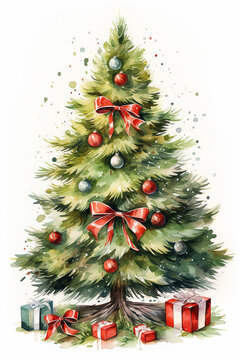 albero di natale in stile acquerello, isolato su sfondo bianco scontornabile , formato verticale