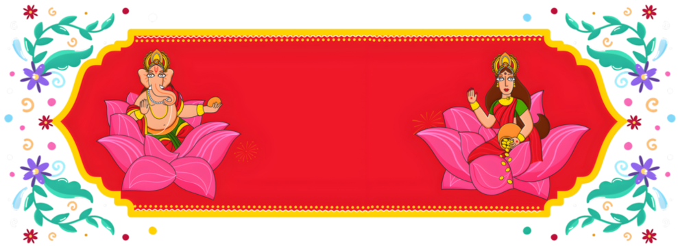 Hindu Mythology Lord Ganesha with Goddess Lakshmi Statue on Red Floral Background For Happy Diwali Celebration Concept.