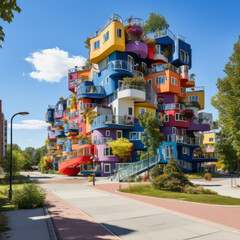 Tiered colorful apartment building with dynamic overlapping boxes design, illuminated by daylight under a clear blue sky