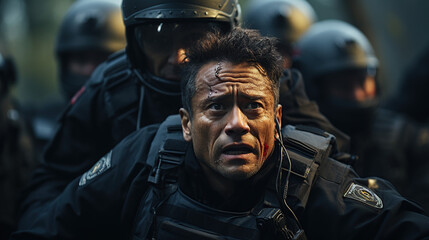 Fototapeta premium Two multiracial police officers target suspects Police use weapons to threaten suspects Criminals place their hands on their heads in compliance. Police were able to arrest him successfully
