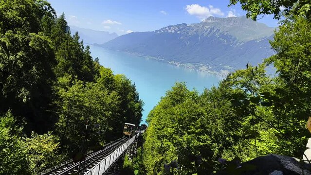 Oldest Cable Train in Europe in Giessbach with Lake Brienz and Mountain in a Sunny Summer Day in Giessbach, Brienz, Bernese Oberland, Bern Canton, Switzerland, Europe