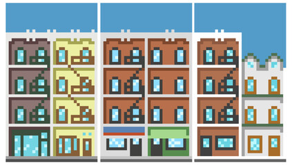 pixel art illustration of town hall, apartemen building, building store 