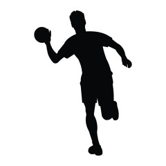 Fototapeta na wymiar Silhouette of a handball player running straight and holding a ball in his hand at a championship