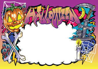 Graffiti illustration with street graffiti letters, tags, words, street art, style, spray paint, emoji, fresh and colorful