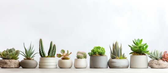 Tray garden with succulents or cactus in concrete pots