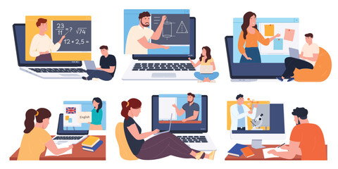 Distance learning using modern technologies. Online tutoring. Independent study of various interesting topics. Vector illustration