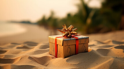 Christmas gift box on a sandy beach