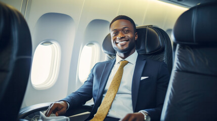 Business class airplane, Successful Businessman entrepreneur sits in a luxurious Flying first class cabin, Private jet, Comfortably travel, fly to meeting, have luxury lifestyle, famous celebrity