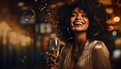 woman having fun at party with a glass of champagne on New Year's Eve - obrazy, fototapety, plakaty