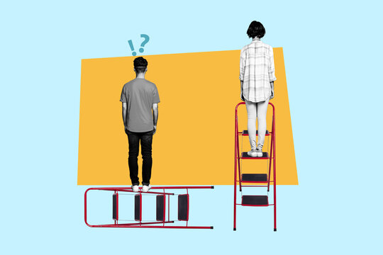 Creative composite photo collage of people stand on ladder look at problem from different point of view isolated on blue color background