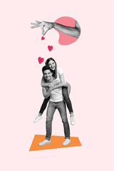 Collage artwork graphics picture of happy smiling couple falling in love isolated pink color background