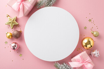 Sparkling Holiday Celebration idea. Top view of beautiful gifts, adorable tree ornaments, glistening stars, twinkling sequins, frost-kissed evergreen branches on pastel pink with circle for greetings - obrazy, fototapety, plakaty