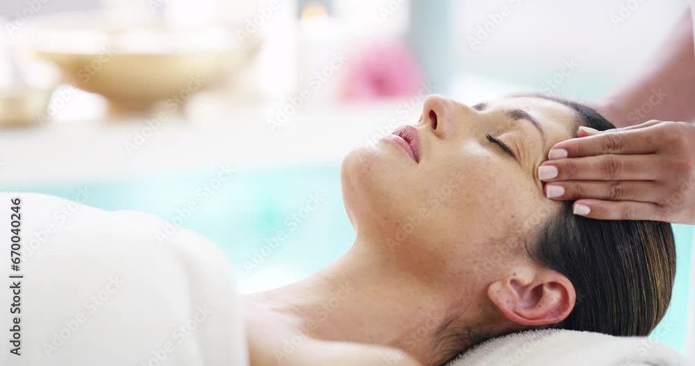 Poster Woman face, masseuse hands and temple spa massage for mental health, lymphatic drainage or wellness treatment. Beauty salon therapist, stress free and closeup client for professional healing service