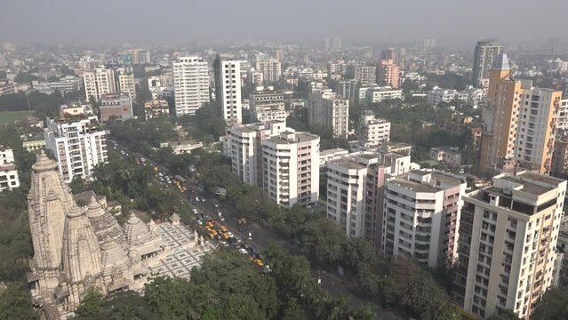 View of the imposing Birla Mandir temple and the skyline of Kolkata, India