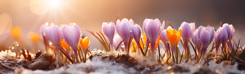 Closeup panoramic view of the spring flowers in the park. Crocus blossom on beautiful morning with sunlight in the forest.